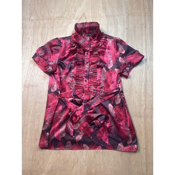 New York & Company Tops - New York and Company Pink Feather Print Ruffle Collar Satin Blouse Womens Medium